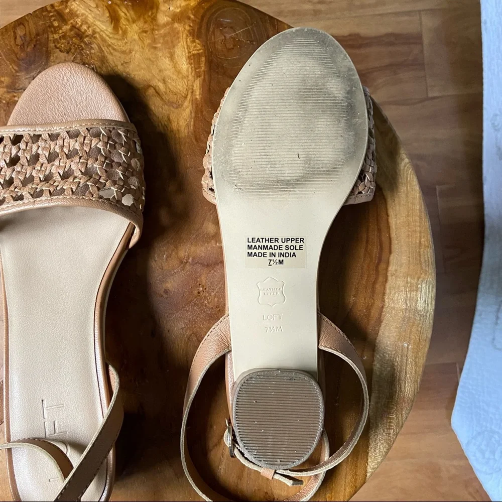 LOFT Tan Woven Ankle-Strap Block Heel Sandals - Picture 6 of 9